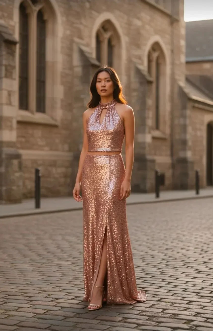 Adrianna Papell sz 6 two piece dress rose gold sequins new with tags gown $199